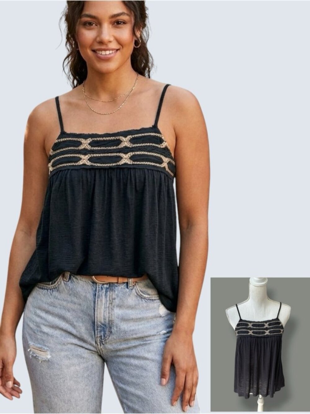 American Eagle Boho Camisole Boho Baby Doll 100% Cotton Embroidered Black Small
